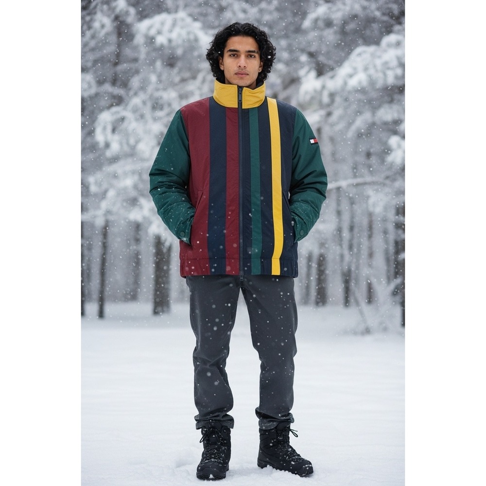 Vintage Tommy Hilfiger Mens Puffer Jacket  Red Navy Yellow Stripe Hidden Hood S